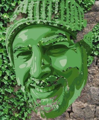 Picture of my face stylistically rendered in green atop ivy crawling a stone wall